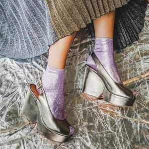 Robert Clergerie Dylan Metallic Leather Platform Wedges / Sandals - Steel Gold